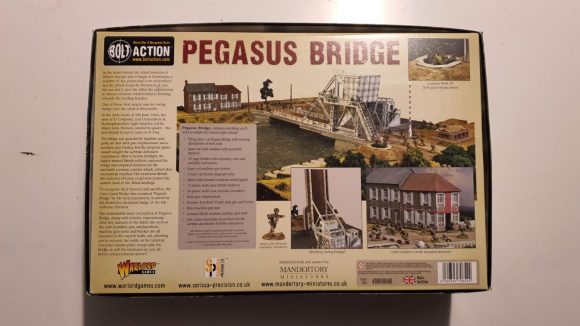 Bolt Action Pegasus Bridge review - photo showing the rear of the box, with images of the scenery and models painted