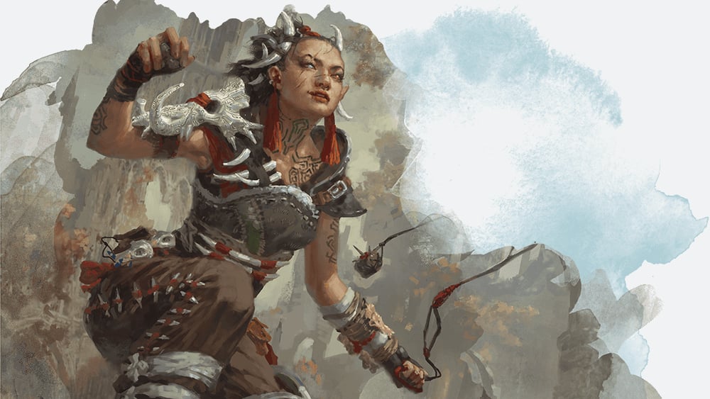 DnD Monk 5E - Wizards of the Coast art of a human hunter holding her fist high