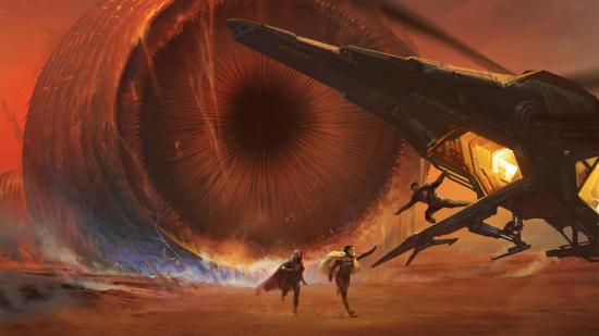 Dune RPG Adventures in the Imperium a sandworm on Arrakis moving towards two fleeing people