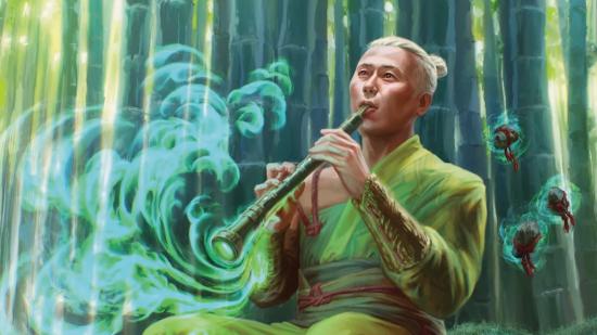 Magic the Gathering card art for Jukai Naturalist, showing a man playing an instrument in a bamboo grove, surrounded by spirits.