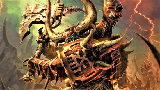 Warhammer 40k Chaos Space Marines faction guide Warhammer Community artwork showing a chaos space marine swinging an axe