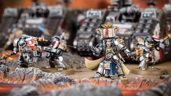 Warhammer 40k Grey Knights codex Castellan Crowe mini in front of a tank