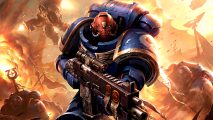 Warhammer 40k tabletop games Universes Beyond a Space Marine carrying a boltgun looking forward