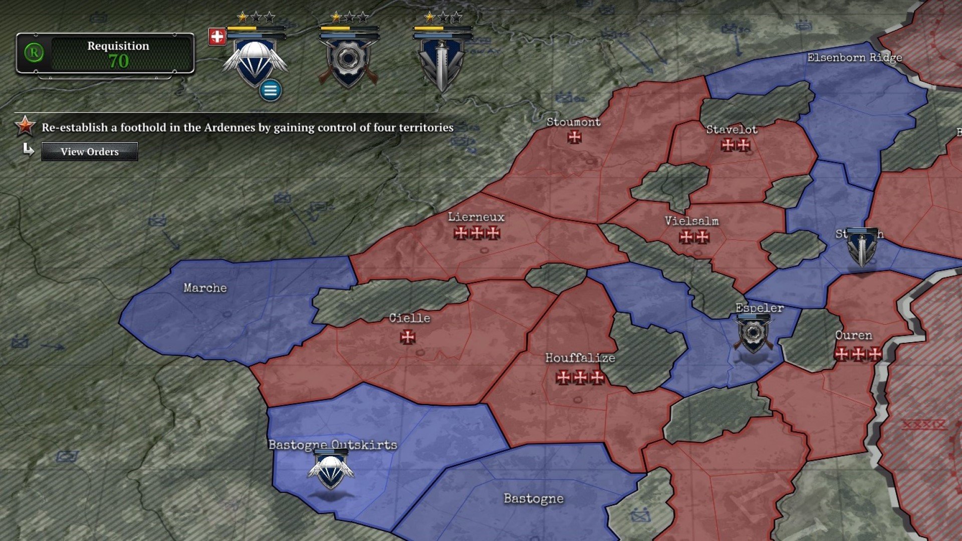 Best WW2 games - screenshot from Company of Heroes 2: Ardennes Assault showing red and blue map regions under Allied and Axis control