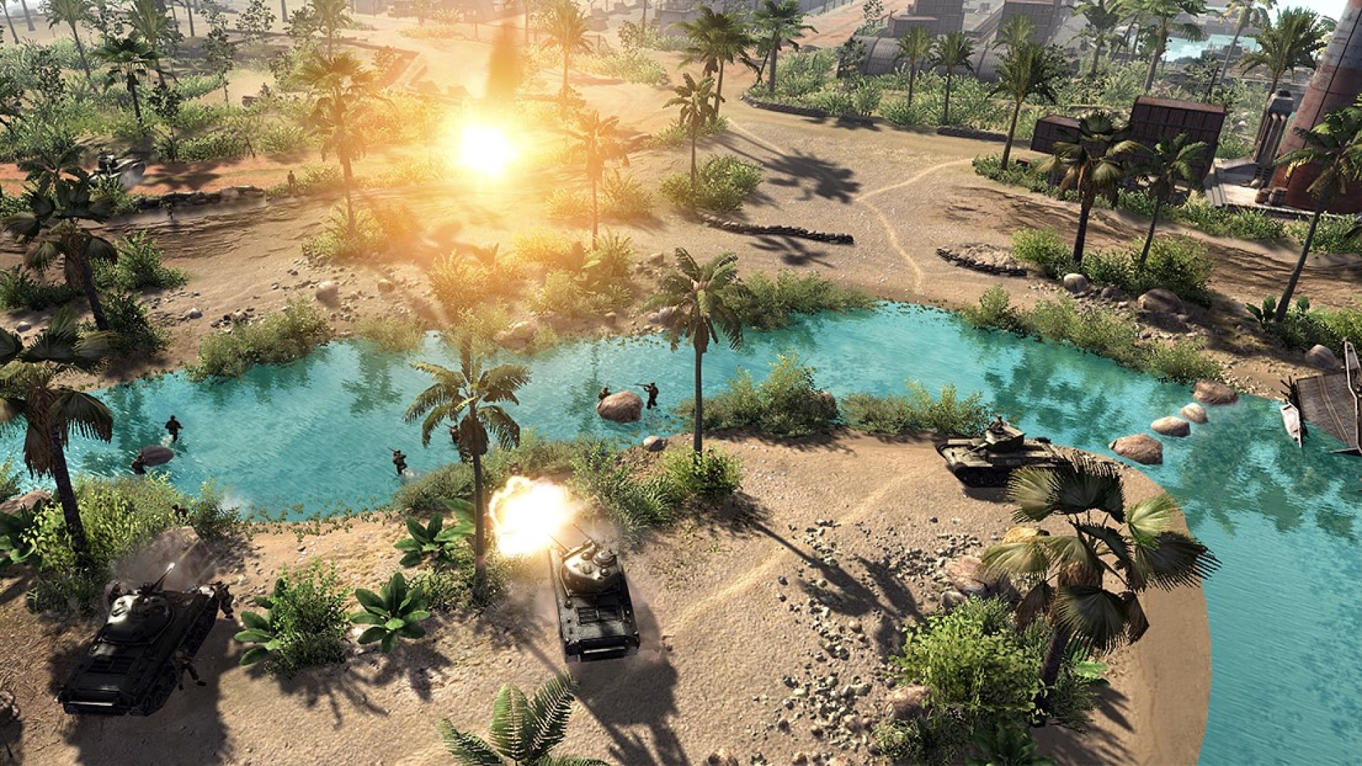 Best WW2 games - screenshot from Men of War: Assault Squad 2 showing tanks assaulting an enemy in a tropical area