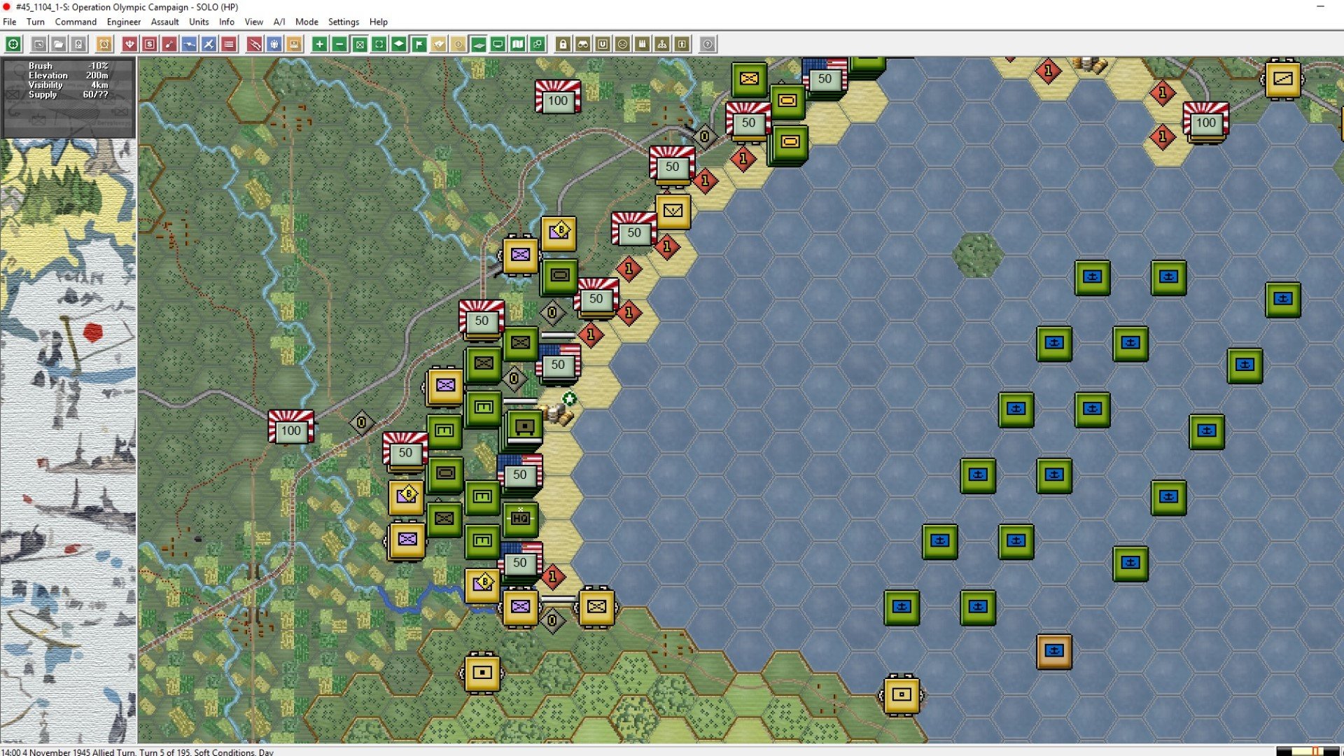 Best WW2 games - screenshot from Panzer Campaigns Japan 1945 showing a coastal map and naval units