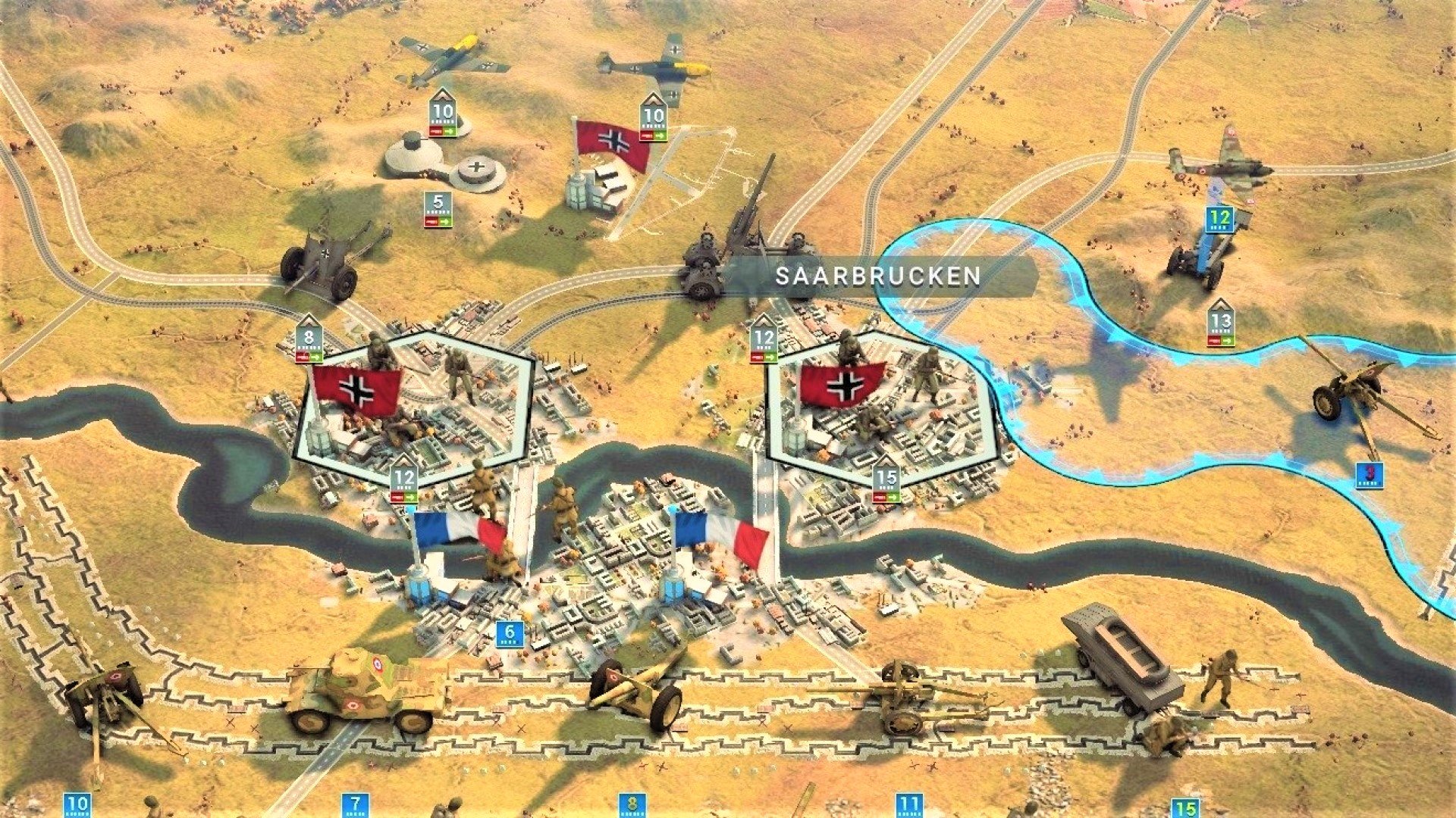 Best WW2 games - screenshot from Panzer Corps 2 showing units surrounding the town of Saarbrucken