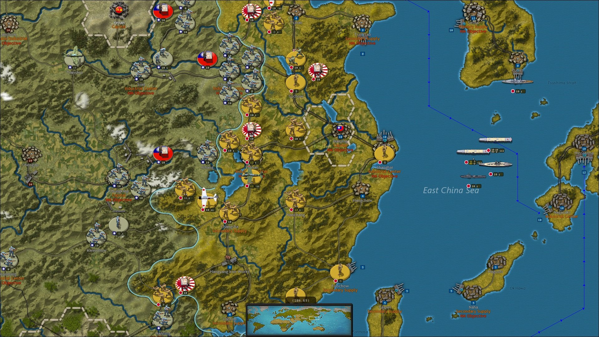 Best WW2 games - screenshot from Strategic Command 2: World at War, showing part of the China and Japan maps, with land and navy units