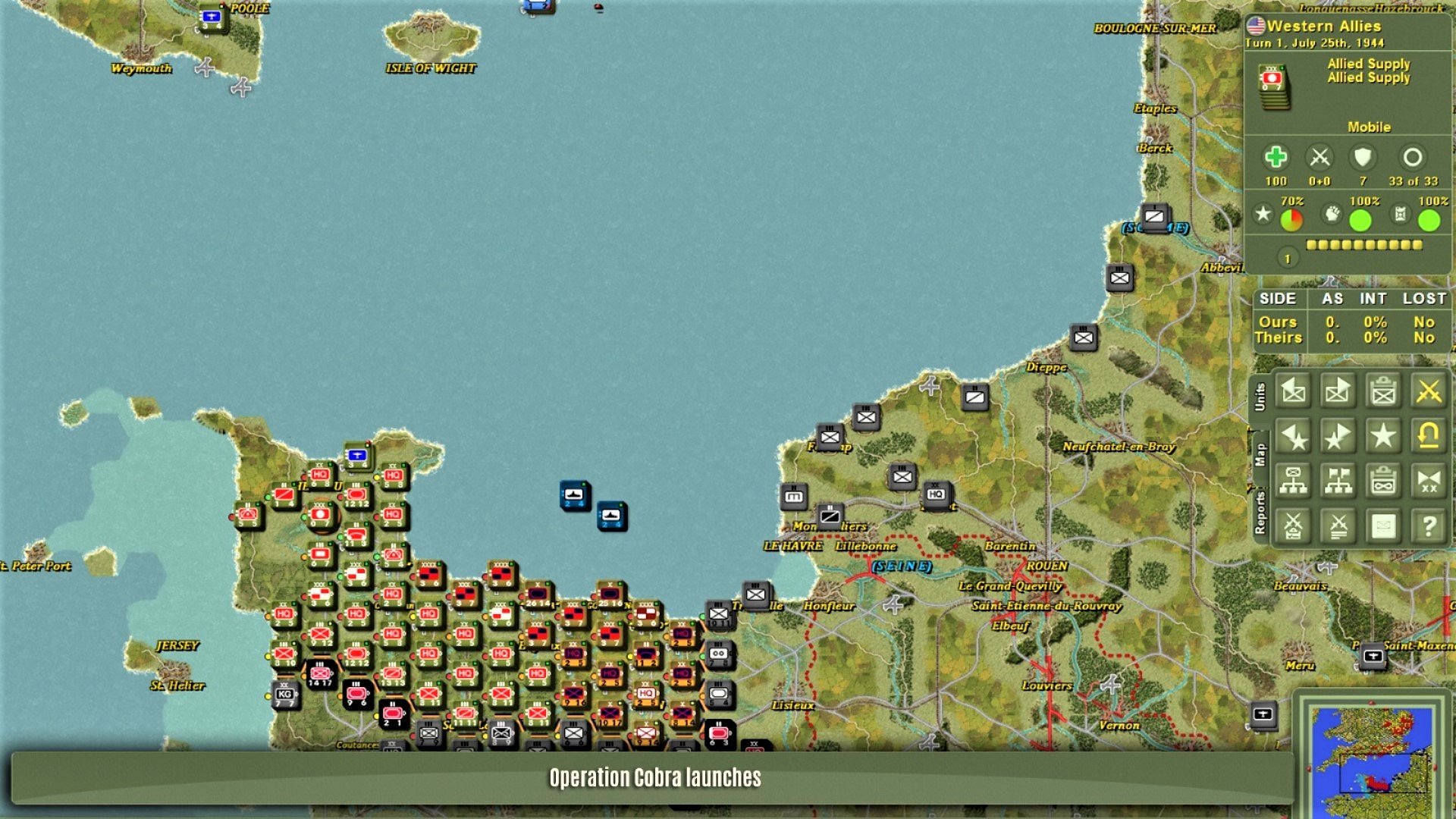 Best WW2 games - screenshot from The Operational Art of War 4 showing multiple unit markers on a map of Normandy