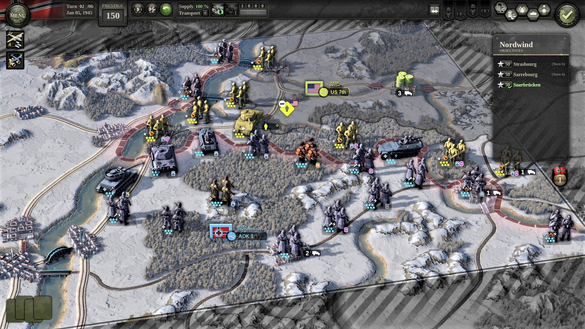 Best WW2 games - screenshot from Unity of Command 2 showing multiple US and German units in part of the Germany map