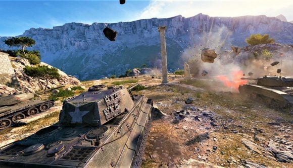 Best WW2 games - screenshot from World of Tanks, showing several German tanks firing their main guns at Greek ruins