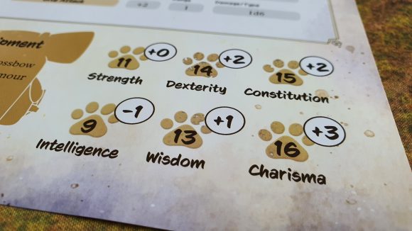 Animal Adventures starter set review - author's photo showing the stats on Solan's character sheet