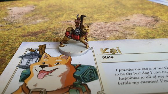 Animal Adventures starter set review - author's photo showing the miniature and character sheet for Kai