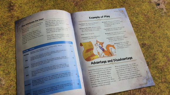 Animal Adventures starter set review - author's photo showing the rulebook pages covering attribute checks