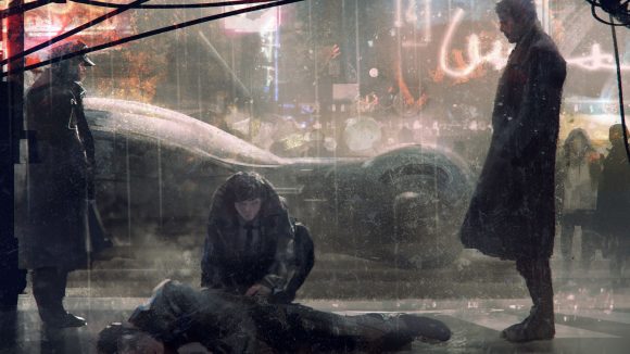 Blade Runner RPG artwork of two investigators leaning over a dead body