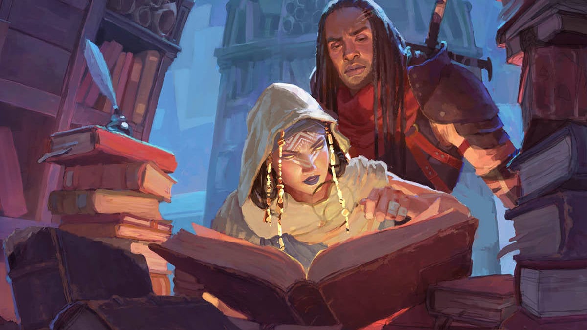 DnD Backgrounds 5E - Wizards of the Coast art of a Warlock and Fighter peering into a book