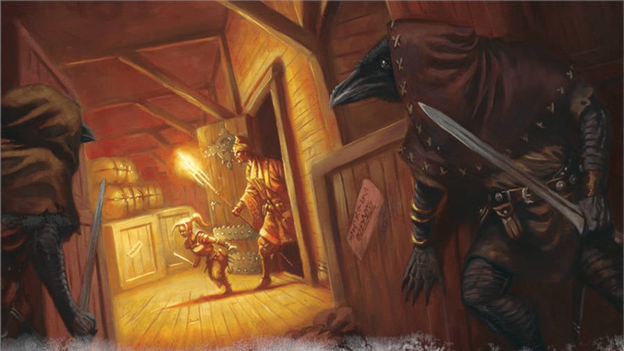 DnD Backgrounds 5E - Wizards of the Coast art of a Kenku waiting outside a room while drawing a sword