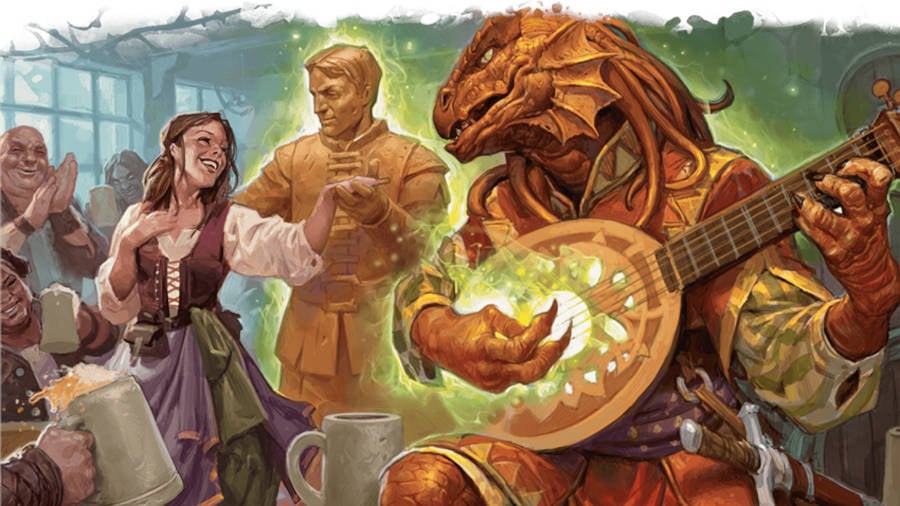 DnD Backgrounds 5E - Wizards of the Coast art of a Dragonborn bard playing a lute