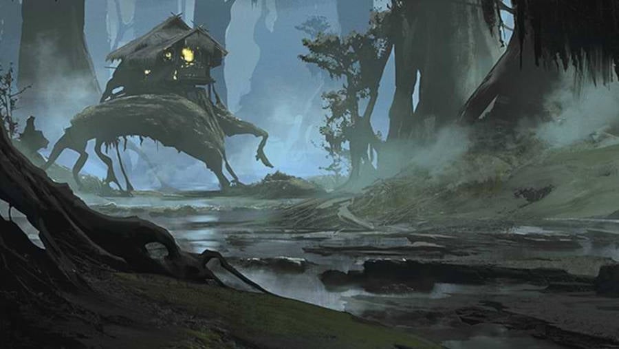 DnD Backgrounds 5E - Wizards of the Coast art of a house with legs stands alone in the forest