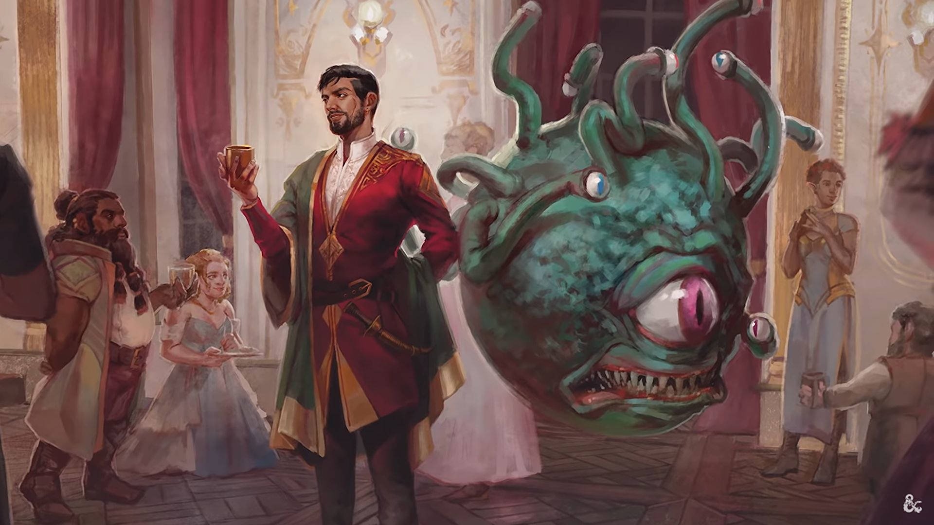DnD Backgrounds 5E - Wizards of the Coast art of a noble person standing next to a Beholder