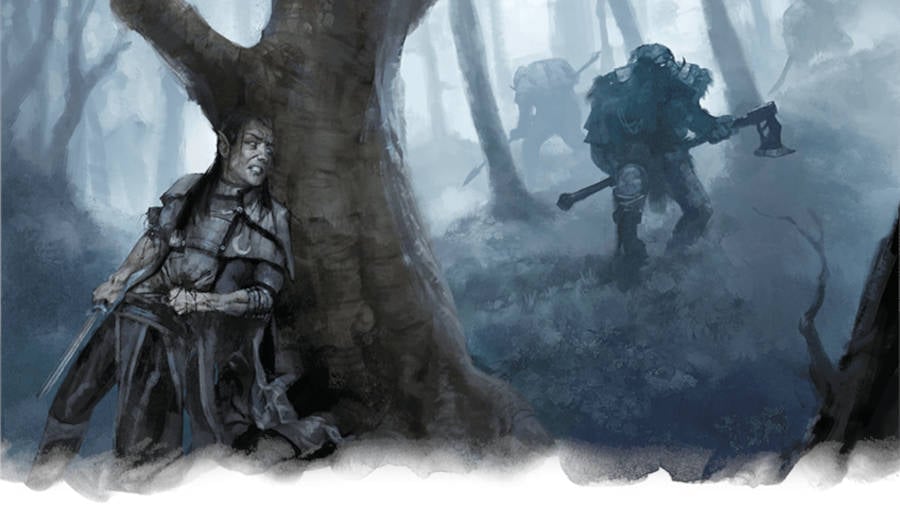 DnD Backgrounds 5E - Wizards of the Coast art of a scared Elf hiding in a forest