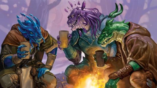 D&D Fizban's Treasury of Dragons preview three Dragonborn sitting by a campfire