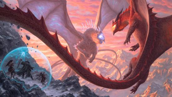 Dungeons and Dragons Fizban's Treasury of Dragons full cover art showing two dragons fighting next to a cliff