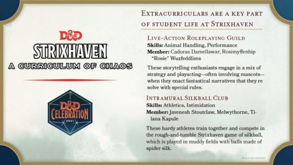 D&D Strixhaven: A Curriculum of Chaos preview - Wizards teaser graphic showing details of extracurricular activities at Strixhaven