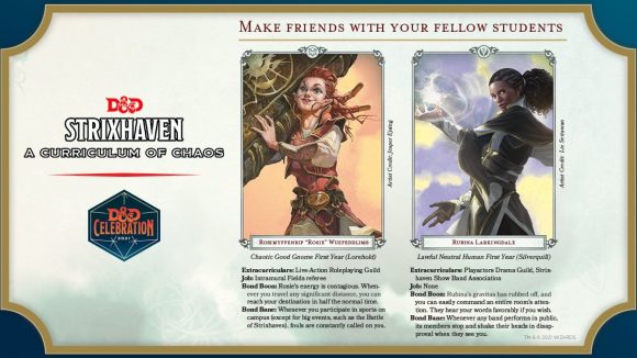 D&D Strixhaven: A Curriculum of Chaos preview - Wizards teaser graphic showing details of two student NPCs at Strixhaven