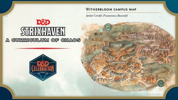 D&D Strixhaven: A Curriculum of Chaos preview - Wizards teaser graphic showing a map of the Witherbloom College Campus at Strixhaven University