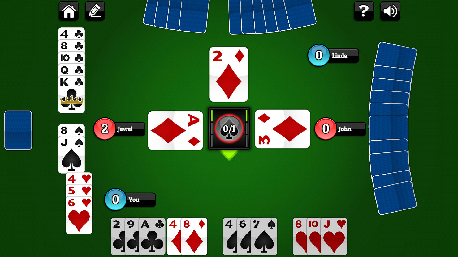 Free card games online - a digital game of bridge being played by four people