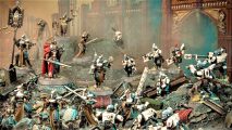 Kill Team Chalnath release date - Warhammer Community photo showing Tau pathfinders and Sisters of Battle fighting in a ruin