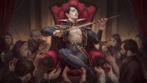 Magic: The Gathering Innistrad Crimson Vow release date - Innistrad Midnight Hunt card artwork showing a fancy vampire sitting on a throne with a sword, surrounded by thralls