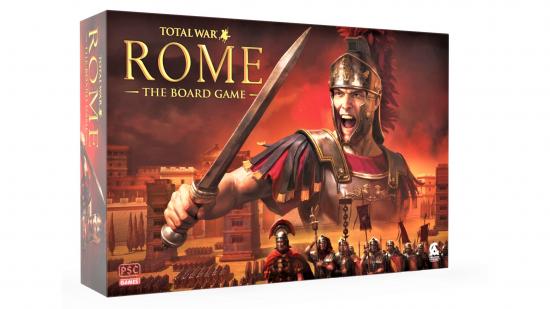 Total War: ROME: The Board Game release date - mock up photo of the board game box art showing a Roman soldier and armies
