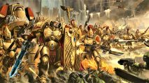 Warhammer 40k Adeptus Custodes lore, tactics, and models - Warhammer Community artwork showing a battle line of gold armoured Custodian Guard