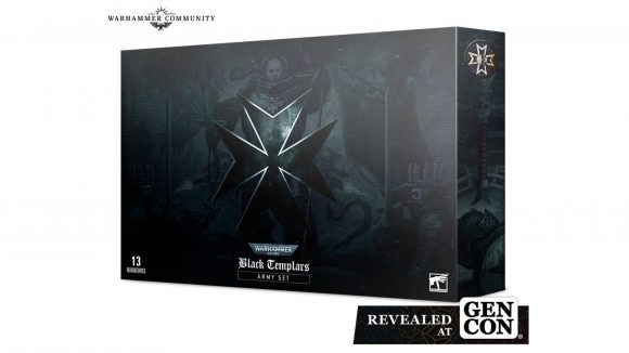 Warhammer 40k Black Templars launch box guide - Warhammer Community photo showing the box art on the Black Templars launch box