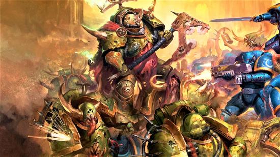 Warhammer 40k Death Guard army guide - Warhammer Community artwork showing a Death Guard Lord of Contagion and Plague Marines fighting Ultramarines