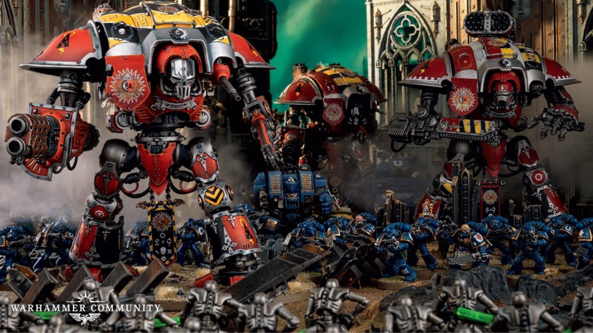 Warhammer 40k Imperial Knights army guide - Warhammer Community photo showing House Raven Imperial Knights models aided by Ultramarines Space Marines