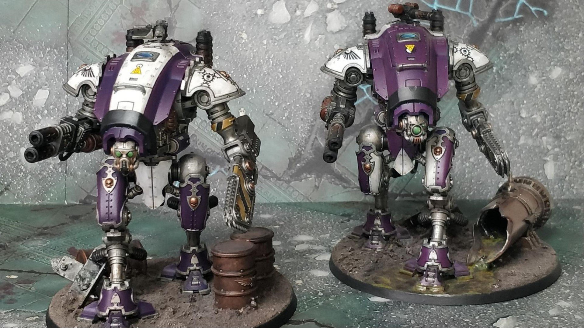 Warhammer 40k Imperial Knights army guide - Photo provided to the author by Instagram user @Pratheos showing Imperial Knight Armigers in a purple and white colour scheme