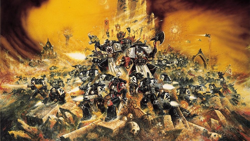 Warhammer 40k Space Marines - Warhammer Community John Blanche artwork showing a huge force of Black Templars