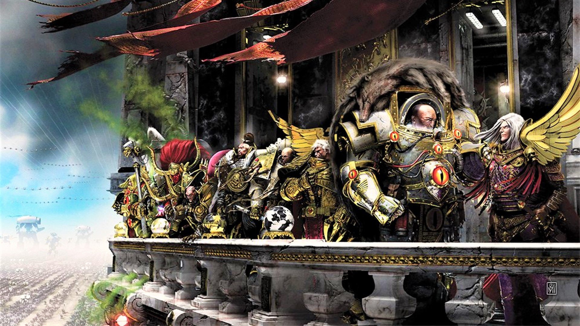 Warhammer 40k Space Marines - Warhammer Community artwork showing the Primarchs at the Ullanor Triumph