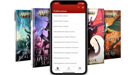 Warhammer Age of Sigmar app beta includes battletomes and broken realms - Warhammer Community graphic showing a mobile screenshot from the app, and cover art from previous battletomes