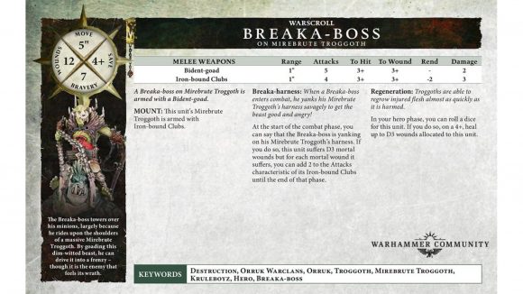 Warhammer Age of Sigmar Kruleboyz Beast-skewer Killbow can one-shot Yndrasta - Warhammer Community graphic showing the Breaka-boss on Mirebrute Troggoth warscroll card