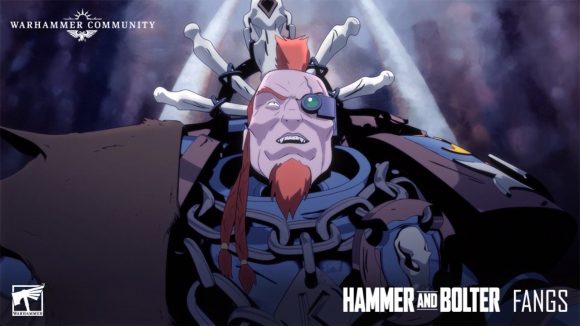 Warhammer Plus Hammer and Bolter new trailer - Warhammer Community screenshot image from hammer and bolter, showing a Space Wolves Space Marine with bones on his armour