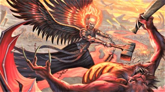 D&D alignment changes - Wizards artwork showing the Archdevil Zariel battling Demons with a hammer
