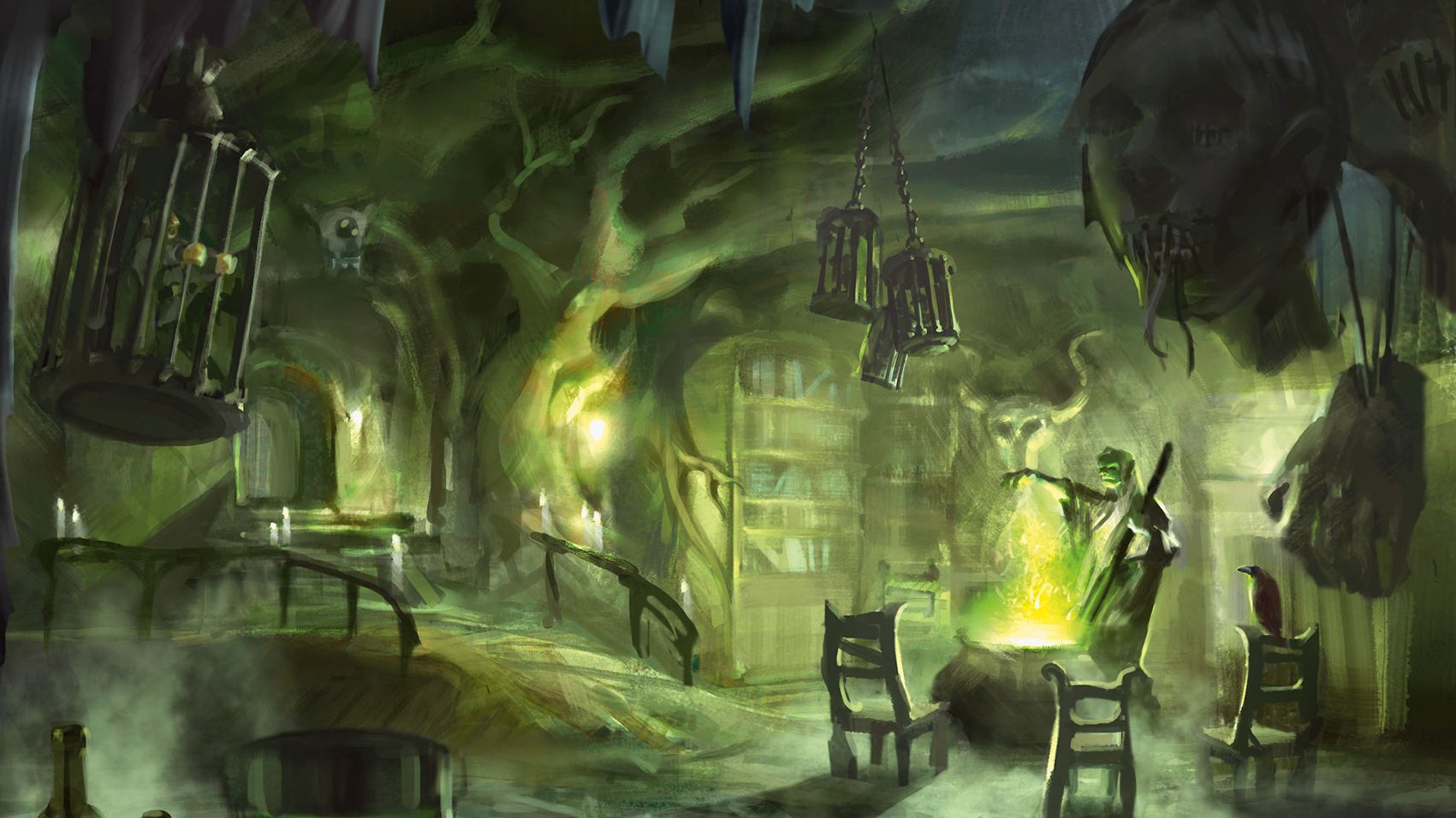 DnD Artificer 5E - Wizards of the Coast art of an Alchemist's lair with ghoulish accessories, and a witch-like character standing before a green cauldron.