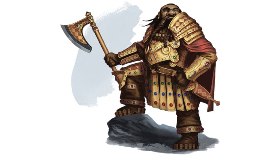 DnD Artificer 5E - Wizards of the Coast art of a Dwarf wearing gold armour and holding a gold-topped axe