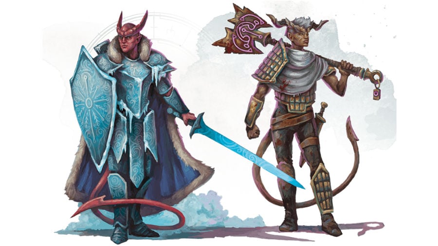 DnD Artificer 5E - Wizards of the Coast art of two D&D Tiefling characters with magic weapons