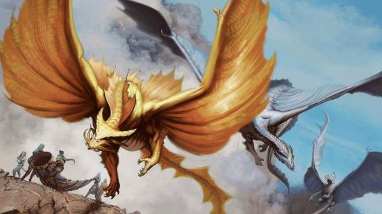 Dungeons and Dragons books Fizban's Treasury of Dragaons Strixhaven gold and silver dragons fly through the hair