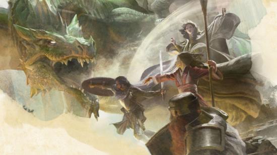 A group of characters prepare to battle a dragon in this Dungeons & Dragons artwork.